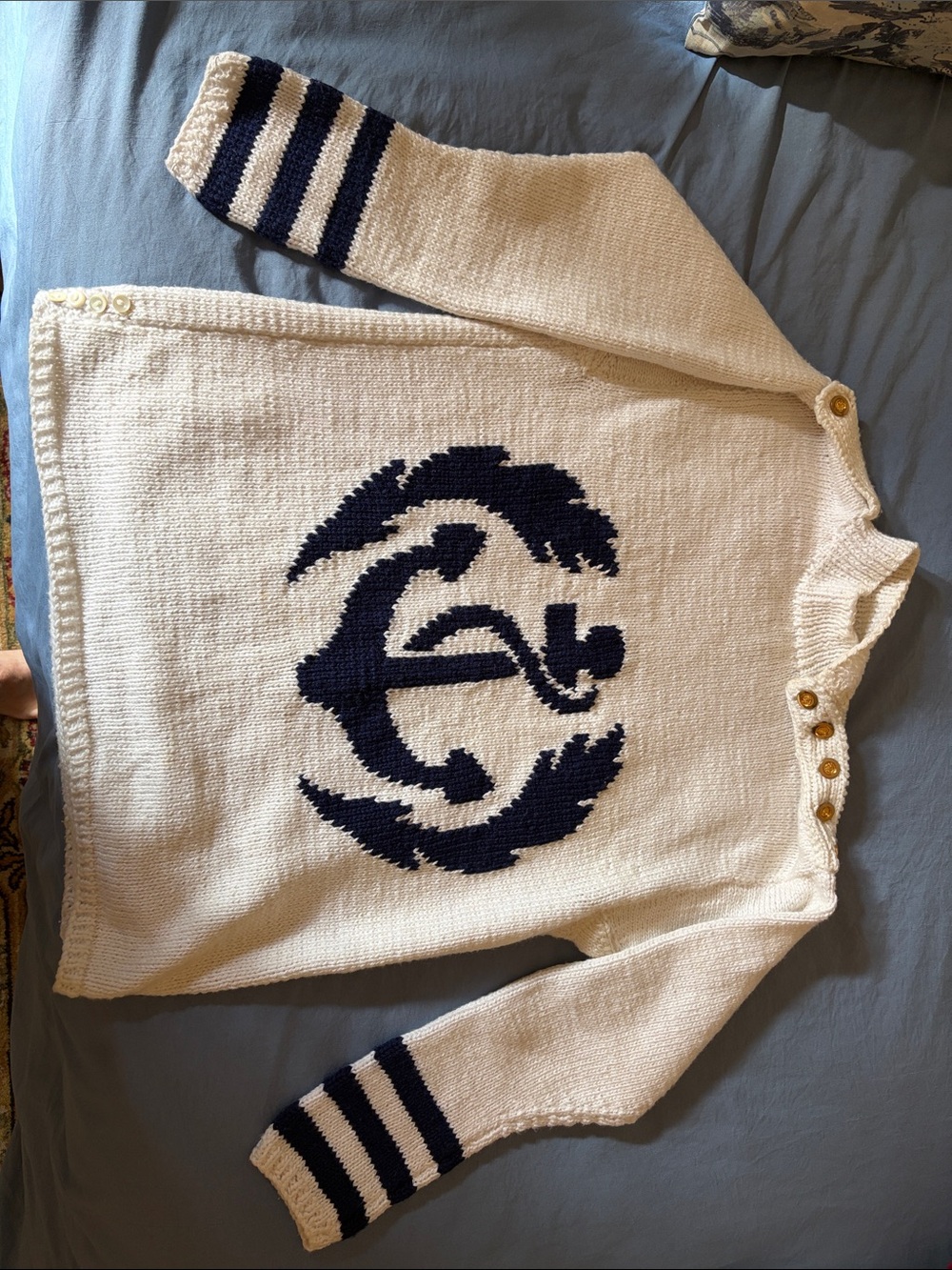 Vintage 1980-90’s Nautical Cream Cowl Neck Sweater with Navy Graphic and Stripes